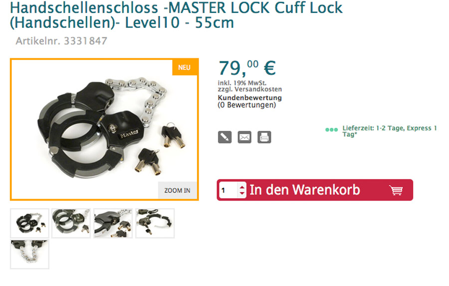 Handschellenschloss -MASTER LOCK Cuff Lock (Handschellen)- Level10 - 55cm Artikelnr. 3331847