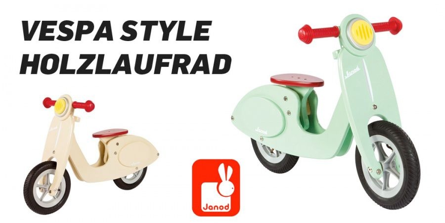 Wooden Vespa style balance bike by Janod Scooter Center