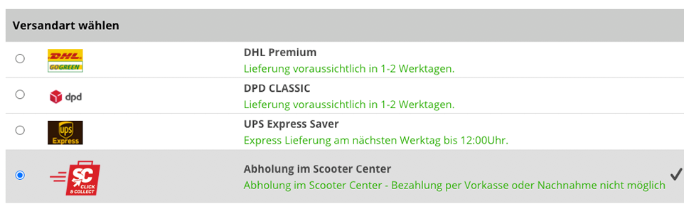 Screenshot verzendmethode Click & Collect