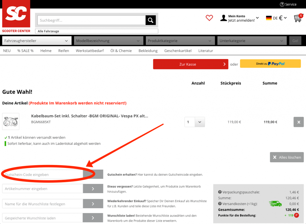 Scooter Center Gutschein einlösen
