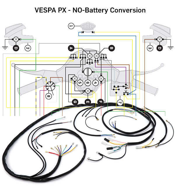 Vespa PX Batterie auf Elektrik ohne Batterie umrüsten - Conversion Kabelbaum bgm Vespa PX