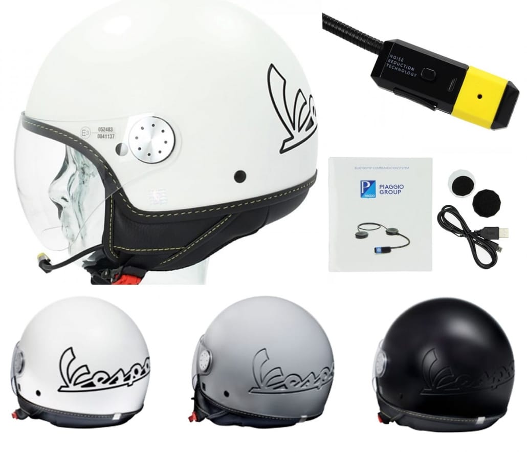 Vespa jet helmet with Bluetooth stereo headphones and microphone