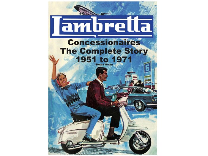 Portada del libro Concesionarios de Lambretta con dibujo de pareja en Lambretta